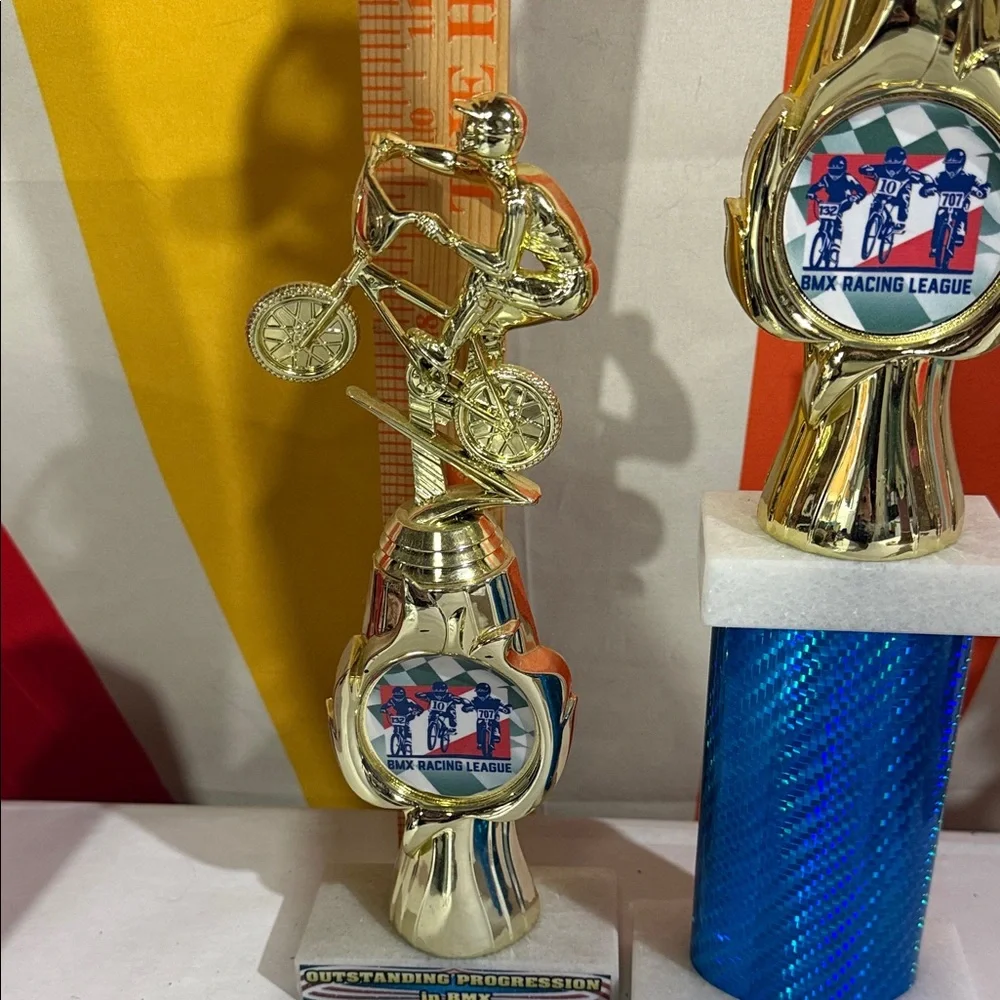 Gold and Blue Sports Trophies-bike and baseball